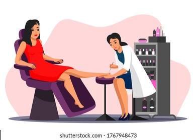 Escena de salón de belleza. El manicurista profesional hace pedicura a la mujer cliente. Niña en esteticista, belleza y tratamiento en estudio. El maestro hace esmalte de uñas de diseño. Ilustración de carácter de vector