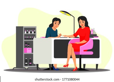 Beauty salon scene. Professional manicurist does manicure to woman client. Master makes design nail polish. Girl at beautician, beauty and care procedure in studio. Vector character illustration