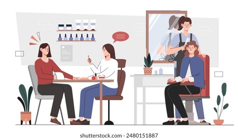 Salón de belleza. Estilista y visitante con clientes. Elegancia y estética. Peluquero con mujer y manicurista con niña. Ilustración vectorial plana de dibujos animados aislada sobre fondo blanco