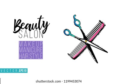 Beauty salon scissors and comb and inscription: beauty salon. Promo card with hair dressing tool for beauty store, shop or fashion blog.