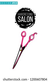 Beauty salon scissors and inscription: hairdressing salon. Promo card with hair dressing tool for beauty store, shop or fashion blog.