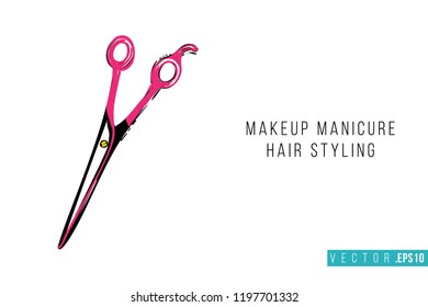 Beauty salon scissors and inscription: makeup manicure hair styling. Promo card with hair dressing tool for beauty store, shop or fashion blog.