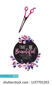 Beauty salon scissors and inscription: time to be beautiful. Promo card with hair dressing tool for beauty store, shop or fashion blog.