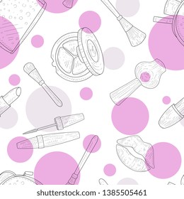 Beauty Salon Seamless Pattern, Cosmetics and Beauty Background with Make Up Artist Objects Vector Illustration