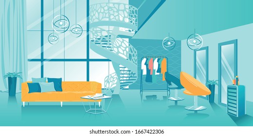 Beauty Salon and Selection Fashionable Style. Large Hall with Spiral Staircase, in Middle there is Sofa with Pillows and Coffee Table, Flat. Near Mirror Hanger with Clothes, Cartoon.