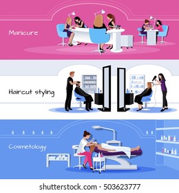 Beauty salon service horizontal banners with customers and workers in different situations in flat style isolated vector illustration