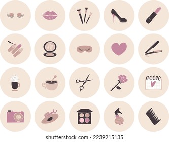 Beauty salon service icon collection set vector. Scissors and comb, sprayer and curling iron tool for hairdressing. Powder and nail polish, lipstick and eyelashes for makeup flat cartoon illustration