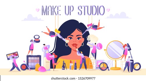 Сoncept of beauty salon, service industry, makeup artist, stylist, browmaker profession. Girl in make up studio. Small flat people characters serve a client using decorative cosmetics.