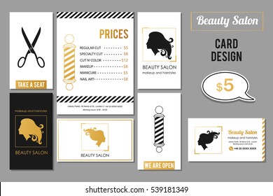 Beauty Salon services cards design. Vector golden card templates for beauty services.