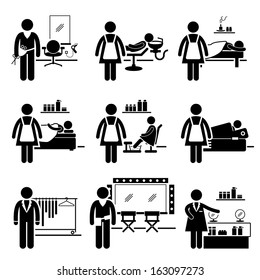 Beauty Salon Services Jobs Occupations Careers - Hairstylist, Shampooers, Beautician, Pedicurist, Spa, Fashion Consultant, Makeup Artist, Promoters - Stick Figure Pictogram