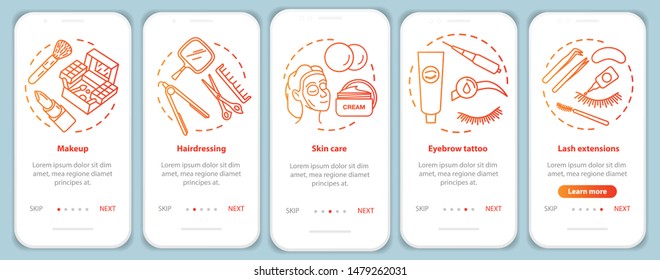 Beauty salon services red onboarding mobile app page screen vector template. Makeup, hairdressing parlor. Walkthrough website steps with linear illustrations. UX, UI, GUI smartphone interface concept