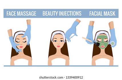 Beauty salon services vector illustration: hyaluronic acid injection, facial mask, face massage. Anti-age concept. Spa procedures.