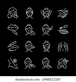 Beauty salon services, white line icons. Skincare treatments, makeup, and manicures. Perfect for beauty and wellness themes. Symbols on black background. Editable stroke.