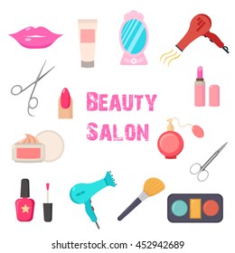 Beauty salon. Set of flat cartoon icons. New business. Vector illustration.