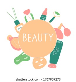 Beauty salon. Skin care elements, cosmetics products, beauty tools. Vector flat hand drawn illustration