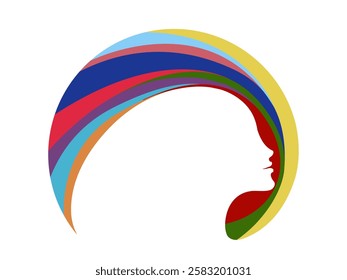 Beauty salon, skin care studio logo. Woman face. Cosmetics and spa icon isolated on light fund. Cute young lady portrait. Beautiful rainbow model. Luxury, glamour pride style logo.