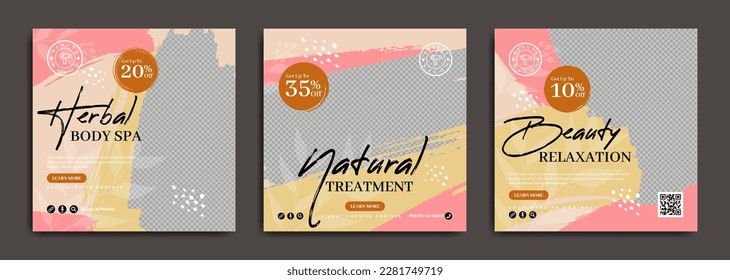 Salón de belleza y spa marketing de negocios publicidad en medios sociales plantilla de publicación de banner. Afiche publicitario de productos cosméticos con pincelada. Volante de promoción del servicio online de maquillaje de piel o de masaje corporal.