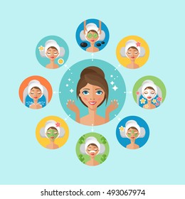 Beauty salon and spa concept. Face mask and beauty treatment procedure set.