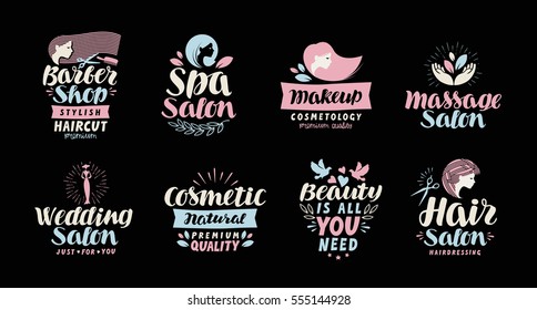 Beauty salon, spa, cosmetic, barber shop or makeup logo. Handwritten in beautiful calligraphic text, lettering. Label vector illustration