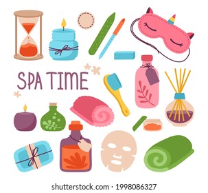 Salón de belleza SPA hogar relajación juego de dibujos animados. Jabón mascarilla facial, vela aromática, lima de uñas, crema, máscara de sueño y taza de té, toalla. Cuidados corporales, concepto del tiempo. Salud de la piel femenina lindo vector relajante