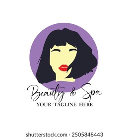 Diseño de Vector de logotipo de salón de belleza y spa y diseño de ilustración de logotipo de salón o spa de dama de retrato con cabello corto 