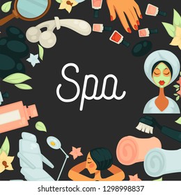 Beauty salon and spa procedures vector facial mask and manicure or pedicure cosmetologist service and hot stones massage clean towels and lotion electric tool and brush mirror and vanilla flower.