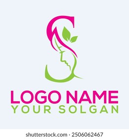 Salón de belleza y spa logotipo de Vector. Letra S con remolinos y retrato de mujer con cabello ondulado. Icono de peinado. Alfabeto rojo inicial. Estilo decorativo y elegante. 