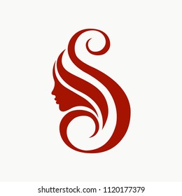 Beauty Salon And Spa Vector Logo.Letter S With Swirls And Woman Portrait With Wavy Hair.