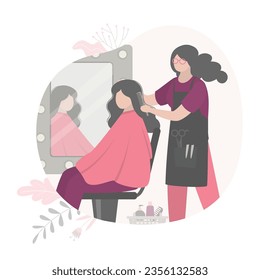 Beauty salon, specialist hair stylist doing haircut for female character sitting in chair. Caucasian client getting hairdo. Professional treatment, hairdressing in special center. vector illustration