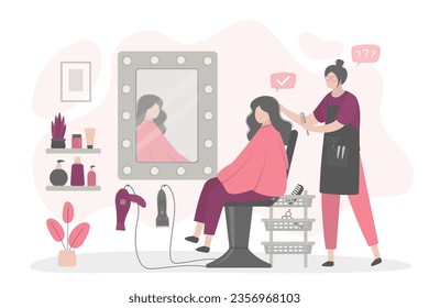 Beauty salon, specialist hair stylist doing haircut for female character sitting in chair. Caucasian client getting hairdo. Professional treatment, hairdressing in special center. vector illustration