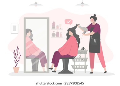 Beauty salon, specialist hair stylist doing haircut for female character sitting in chair. Caucasian woman client getting hairdo. Hair treatments in barber shop. Hairdressing in special center.