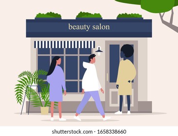 Beauty Salon Storefront, Hairdresser Studio Exterior, Characters Standing And Walking Nearby 