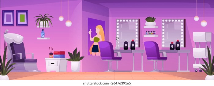 Salão de Beleza. Elegante estúdio interior rosa, serviço de moda. Salão de unhas e cabeleireiro. Ilustração plana vetorial. Cadeira de Desenho Animado, espelho, acessórios profissionais e equipamentos
