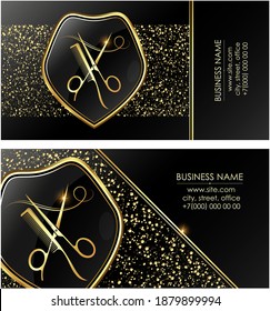 Beauty salon and stylist hairstyles business card golden black. Scissors comb and curl of hair on the shield