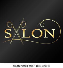 Beauty salon and stylist hairstyles golden scissors and curl hair symbol