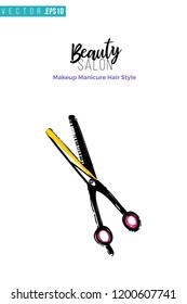 Beauty salon thinning scissors and inscription: beauty salon. Promo card with hair dressing tool for beauty store, shop or fashion blog.