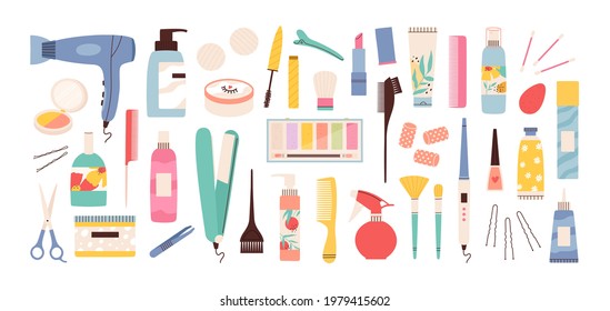 Beauty salon tools. Hairdresser, manicure and makeup equipment. Hair dryer, scissors, comb and cream bottles. Stylist cosmetics vector set. Illustration hairdresser tools scissors and hairdryer