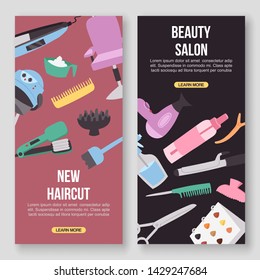 Beauty salon tools vector concept banners. Haircut, beautiful manicure and make up atelier. Women in spa and beauty studio illustration in flat cartoon style.