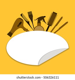 Beauty salon tools Vector illustration Template poster beauty salon tools: hair dryer, hair straightener, spray and comb Flat design