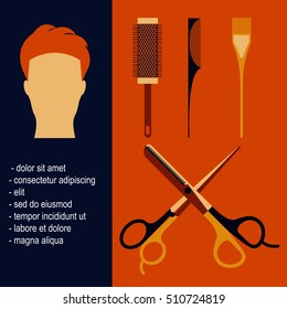 Beauty salon tools Vector illustration Poster with beauty salon tools and man with hipster hairstyle in flat design Scissors, hair straighteners, combs and hair brushes