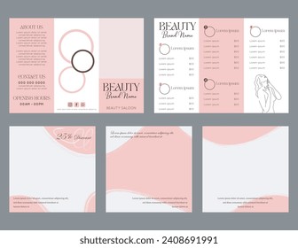 Beauty salon trifold template with social media post template.pink background vector.