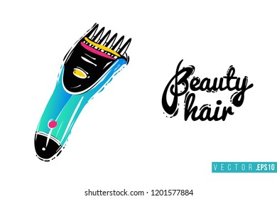 Beauty salon trimmer and inscription: beauty hair. Promo card with hair dressing tool for beauty store, shop or fashion blog.