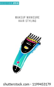 Beauty salon trimmer and inscription: makeup manicure hair styling. Promo card with hair dressing tool for beauty store, shop or fashion blog.
