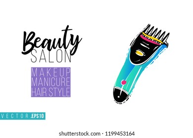 Beauty salon trimmer and inscription: beauty salon. Promo card with hair dressing tool for beauty store, shop or fashion blog.