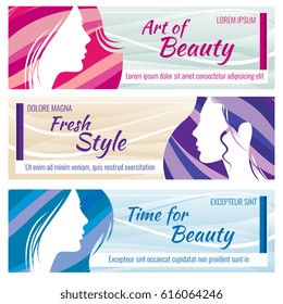 Beauty salon vector banners set with beautiful young woman face. Silhouette portrait young woman, illustration of profile woman banner