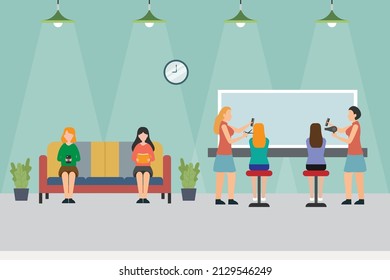 Beauty salon vector concept. Two hairdresser making stylish haircut to their customers in salon