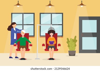 Beauty salon vector concept. Two young women getting hair steam treatment with hairdresser in the salon