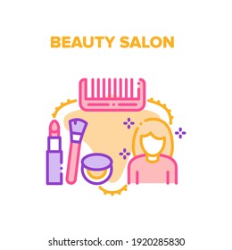 Beauty Salon Vektorsymbol Konzept. Friseur- und Kosmetikartikel für Make-up Woman, Beauty Salon Service. Friseur-Comb, stylischer Lipstick und Brush mit Pulverladung-Farbanzeige