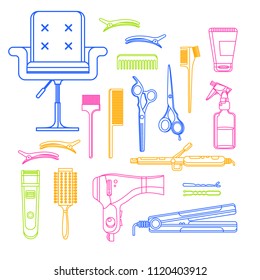 Beauty salon vector linear icons and design elements. Hair hairdresser tools and equipment isolated on white background.