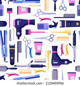 Beauty salon vector seamless pattern. Colorful hair hairdresser tools and equipment. Fashion textile print or background design.